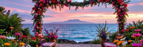 Plaża, Kolorowe, Morze, Krzesła, Niebo, Wazony, Brama, Kolorowe, Dekoracyjna, Kwiaty, Góra