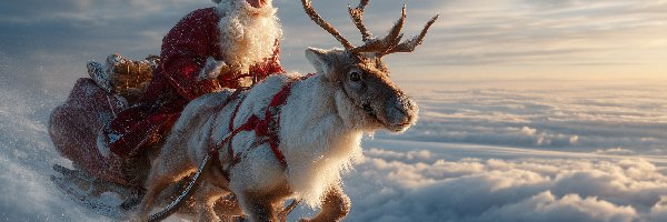 Chmury, Mikołaj, Sanie, Grafika AI, Święty, Renifer
