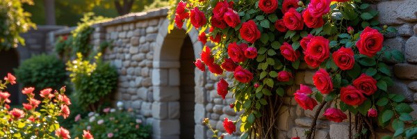 Róże, Czerwone, AI, Ogród, Pnące, Mur, Krzewy, Kwiaty