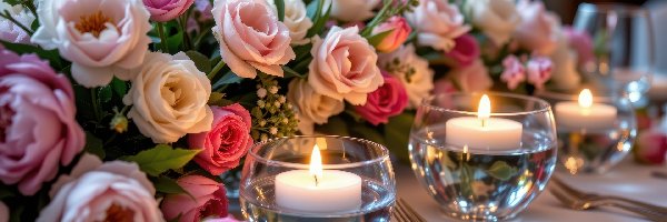 Kwiaty, Świece, Róże, Stół, Sztućce