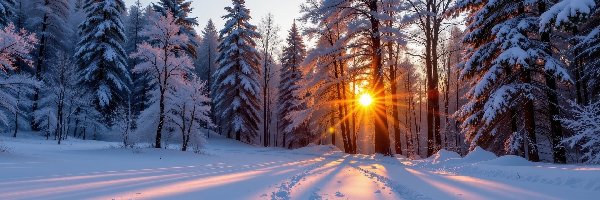 Droga, Promienie słońca, Ośnieżone, Las, Zima, Zaśnieżona, Drzewa
