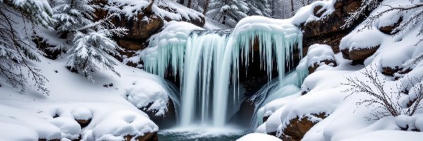 Lodu, Uskok, Drzewa, Ośnieżone, Sople, Śnieg, Zima, Skały