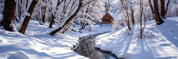 Rzeka, Ośnieżone, Drzewa, Dom, Śnieg, Zima