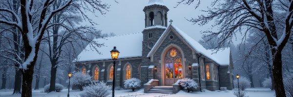 Zima, Drzewa, Kościół, Droga, Latarnie