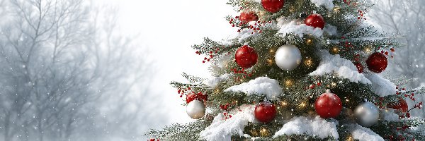 Zima, Bombki, Śnieg, Grafika AI, Choinka, Boże Narodzenie