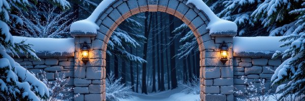 Lampiony, Dwa, Brama, Murowana, Zima, Drzewa, Ośnieżone, Łuk, Śnieg