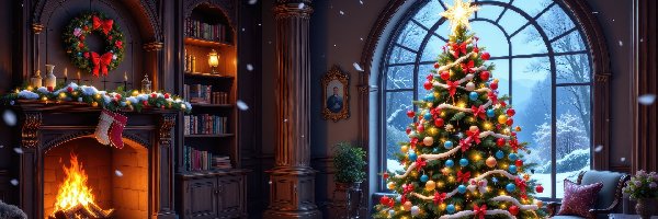 Regał, Kominek, Salon, Udekorowana, Okno, Boże Narodzenie, Wieniec, Choinka, Prezenty, AI, Książki, Zima
