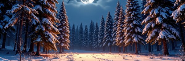 Droga, Księżyc, Ośnieżone, Noc, Zima, Zaśnieżona, Drzewa