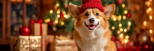 Prezenty, Czerwona, Czapka, Choinka, Welsh corgi pembroke, Pies