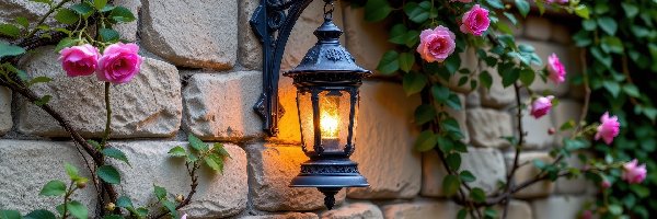 Murowana, Kwiaty, Ściana, Lampa, Róże
