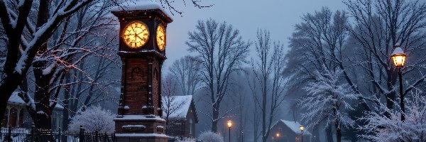 Drzewa, Latarnie, Wieża, Zegar, Park, Zima