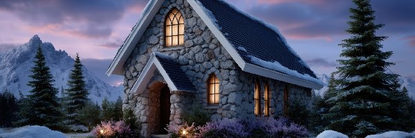 Drzewa, Góry, Zima, Kamienie, Dom, Kamienny