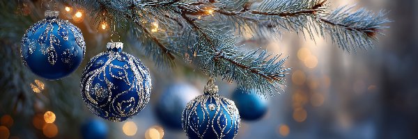Boże Narodzenie, Bombki, Niebieskie, Grafika AI, Sosna
