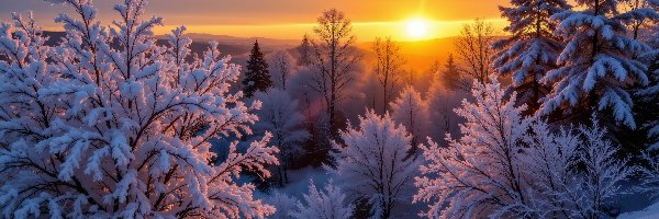 Zima, Śnieg, Zachód słońca, Drzewa, Ośnieżone