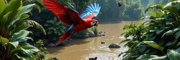 Rośliny, Papuga, Ara, Fruwająca, Rzeka, Zielone, Lot