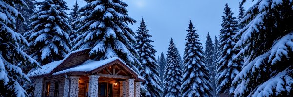 Las, Droga, Drzewa, Grafika AI, Dom, Zima