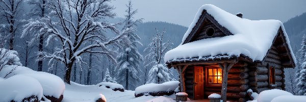 Drzewa, Dom, Zima, Grafika AI, Chata, Drewniana