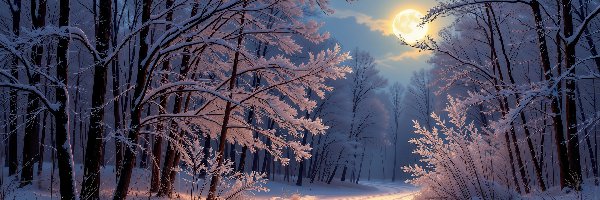 Grafika AI, Droga, Drzewa, Ośnieżona, Zima, Księżyc, Las