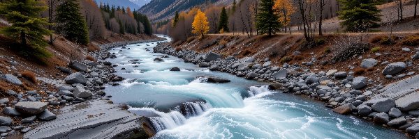 Kamienie, Rwąca, Rzeka, Drzewa, Góry, Jesień