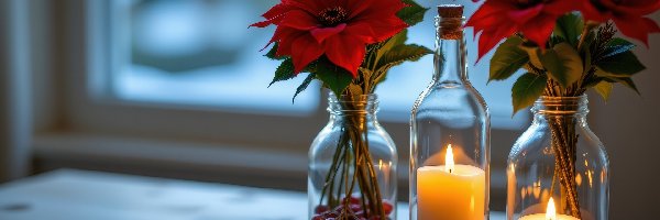 Świece, Szklane, Naczynia, Okno, Gwiazda betlejemska, Kwiaty