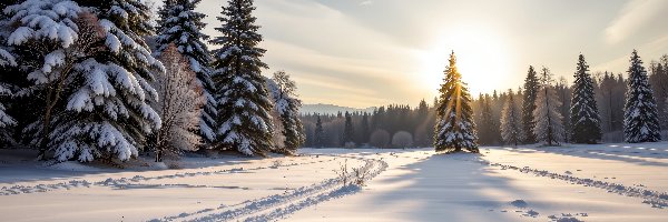 Pole, Drzewa, Ośnieżone, Grafika AI, Świerki, Zima