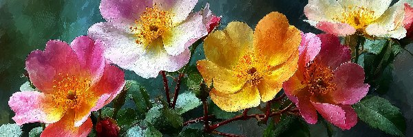 Liście, Kwiaty, Gałązka, Grafika AI, Kolorowe, Róże