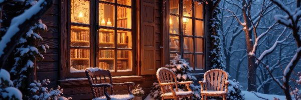 Zima, Światło, Krzesła, Grafika AI, Dom, Biblioteka