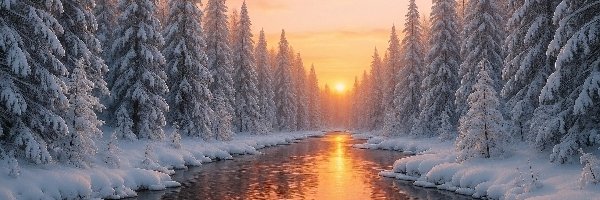 Odbicie, Las, Ośnieżone, Rzeka, Zima, Zachód słońca, Drzewa