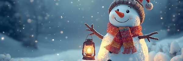 Szalik, Śnieg, Czapka, Lampion, Bałwan, Zima