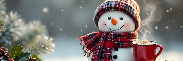 Sanki, Szalik, Bałwan, Śnieg, Zima, Ostrokrzew, Szyszki, Czapka, Kubek