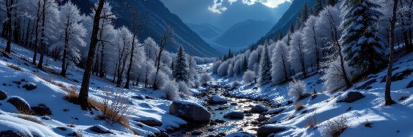 Kamienie, Góry, Księżyc, Rzeka, Zima, Drzewa, Oszronione