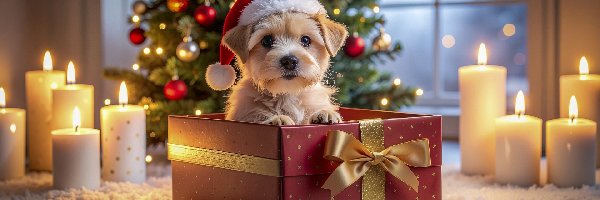 Grafika AI, Boże Narodzenie, Prezent, Szczeniak, Pies, Choinka, Świece