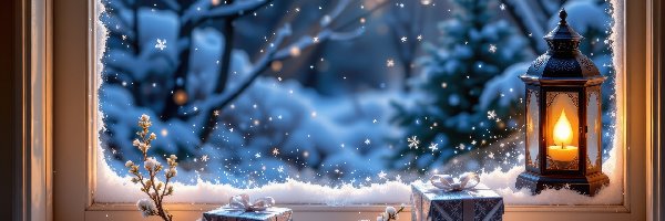 Lampion, Śnieg, Okno, Grafika AI, Prezenty, Kompozycja