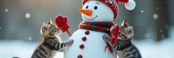 Koty, Czapka, Szalik, Bałwanek, Zima, Małe, Dwa