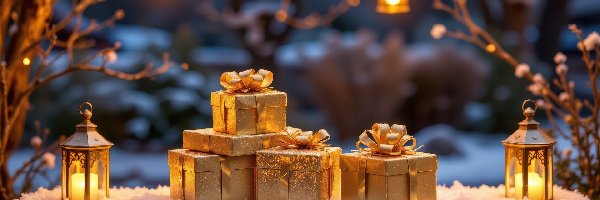 Złote, Lampiony, Prezenty, Grafika AI, Ławka