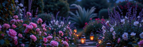 Lampiony, Różowe, Róże, Kwiaty, Ogród, Ozdobne, Rośliny