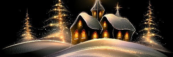 Kościół, Noc, Choinki, Grafika AI, Zima