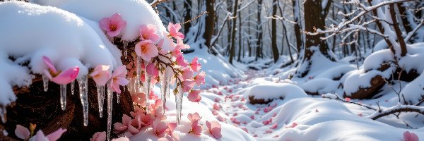 Różowe, Zima, Sople, Drzewa, Las, Kwiaty, Zaspy