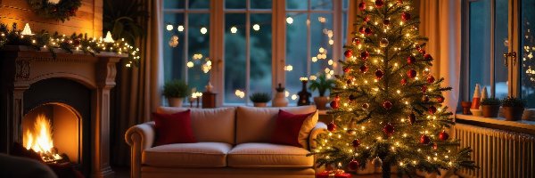 Wieniec, Boże Narodzenie, Girlandy, Udekorowana, AI, Choinka, Kominek, Okno, Prezenty, Pokój, Sofa