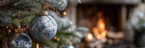 Boże Narodzenie, Bombki, Niebiesko-srebrne, Grafika AI, Choinka