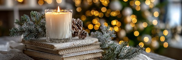 Szyszki, Gałązki, Świerk, Grafika AI, Książki, Świeca