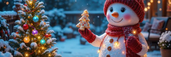 Doniczka, Śnieg, AI, Choinka, Czapka, Szalik, Ciastko, Zima, Bałwanek, Girlandy