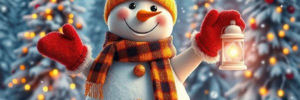 AI, Szalik, Rękawiczki, Czapka, Bałwanek, Choinki, Lampa