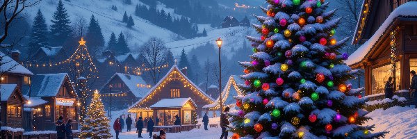 Ludzie, Domy, Udekorowana, Boże Narodzenie, Zima, Góry, Choinka