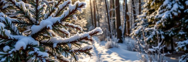Grafika AI, Gałązki, Drzewa, Ośnieżone, Zima, Poranek, Las