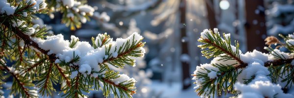 Grafika AI, Świerk, Zima, Gałązki, Ośnieżone, Promienie słońca, Las