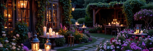 Świece, Dom, Rośliny, Zapalone, Kolorowe, Kwiaty, Stoliki, Ogród, Altanka, Lampiony
