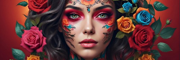 Kwiaty, Twarz, Grafika, Tatuaż, Dziewczyny, Róże, Kolorowe, Makijaż
