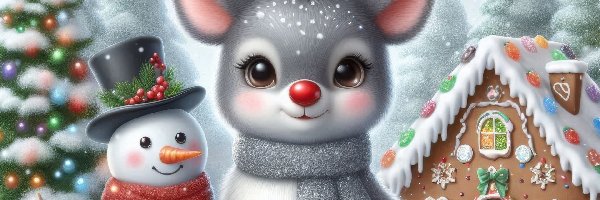 Renifer, Kapelusz, Bałwanek, Piernik, Zima, Śnieg, Szalik, Choinka, Domek, AI, Szalik, Świąteczne