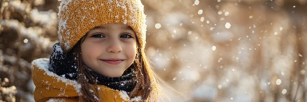 Śnieg, Uśmiech, Kurtka, Dziewczynka, Długowłosa, Szal, Czapka